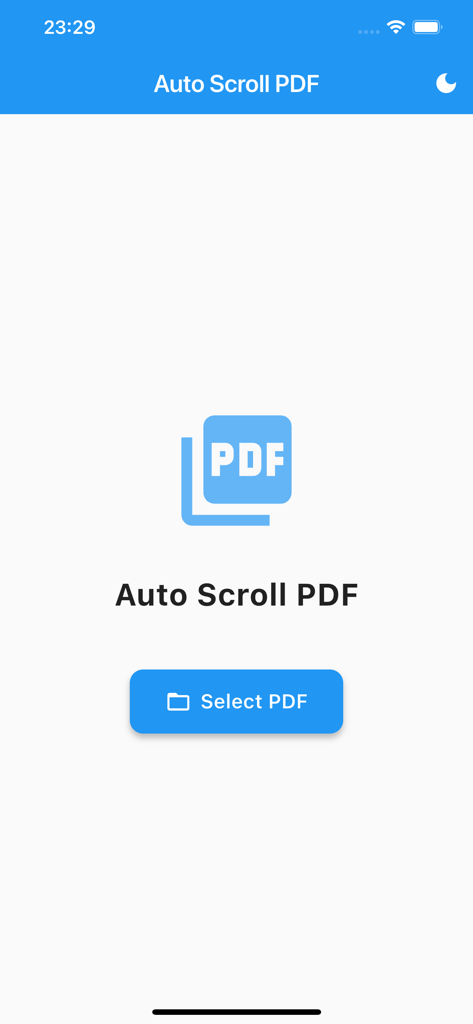 The home screen of the Auto Scroll PDF app featuring a select PDF button and dark mode toggle.