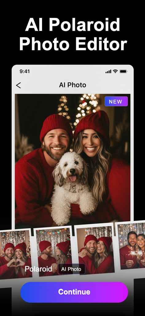 Vidmor-AI Video Generator - Pantalla de la aplicación Vidmor que muestra el editor de fotos Polaroid de IA con fotos festivas de parejas y plantillas de estilo vintage