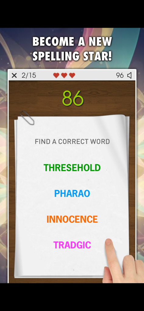 Spelling Master PRO 앱에서 올바른 단어를 찾는 철자 퀴즈 질문