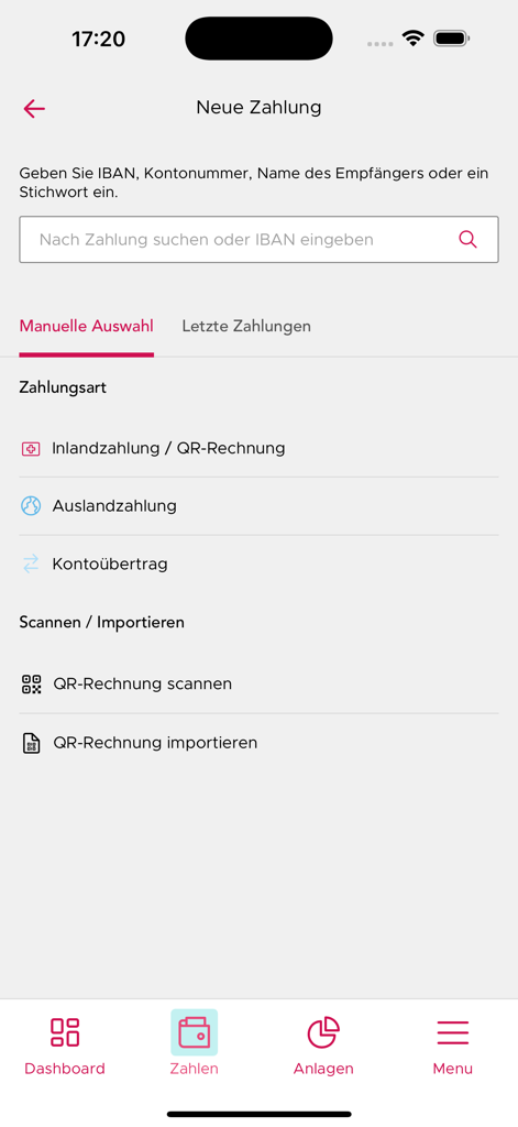 Tela do aplicativo ABS Banking para criar um novo pagamento com opções para transferências domésticas e internacionais e escaneamento de faturas QR