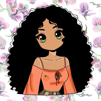 a black anime girl with long afro hair