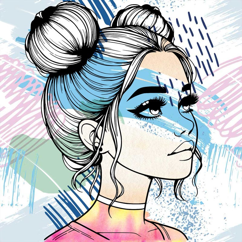 realistic girl with buns on the top of her head