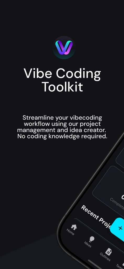 Vibe Coding Toolkit - Tela de apresentação introdutória do aplicativo Vibe Coding Toolkit com o logotipo e a descrição de seus recursos de gerenciamento de projetos de IA.