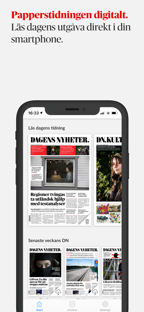 e-DN - Screenshot of the e-DN mobile app interface showing the digital edition of Dagens Nyheter newspaper on a smartphone.
