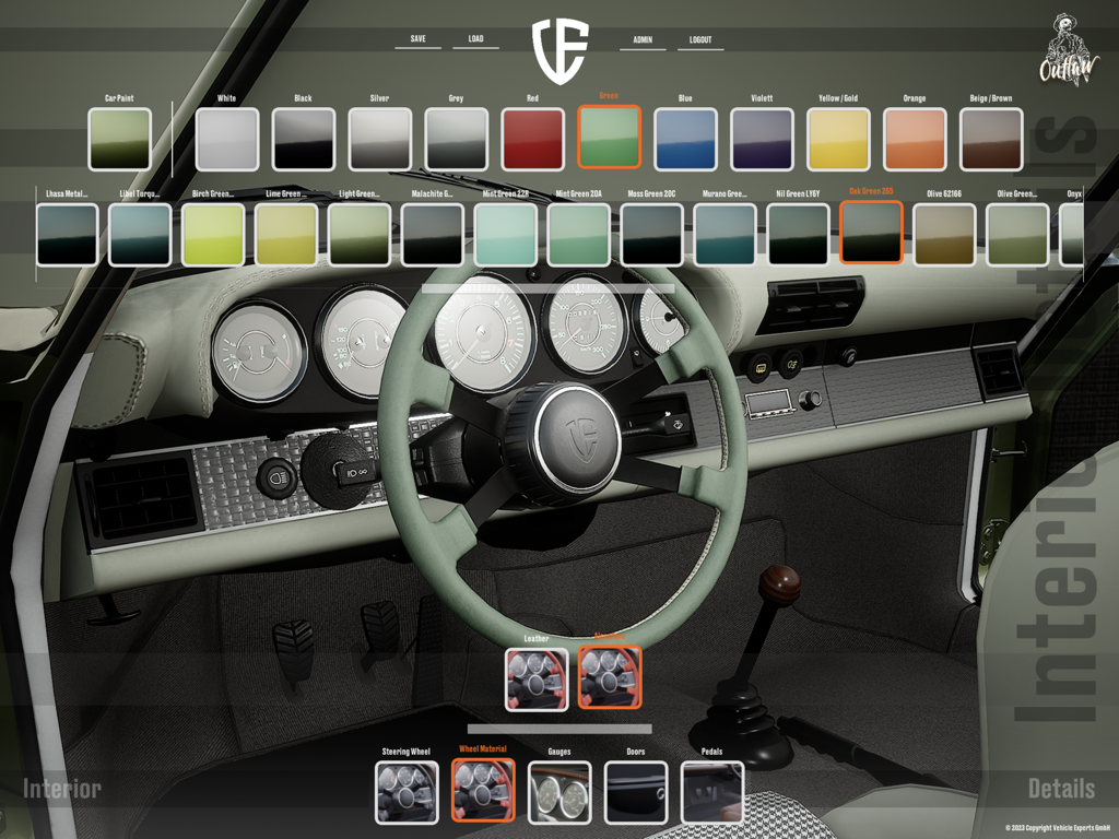 Vehicle Experts Configurator - Interface of the Vehicle Experts Configurator showing interior customization for a Porsche with green upholstery and color swatches.