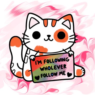 cat with a sign that says i’m following whoever follows me