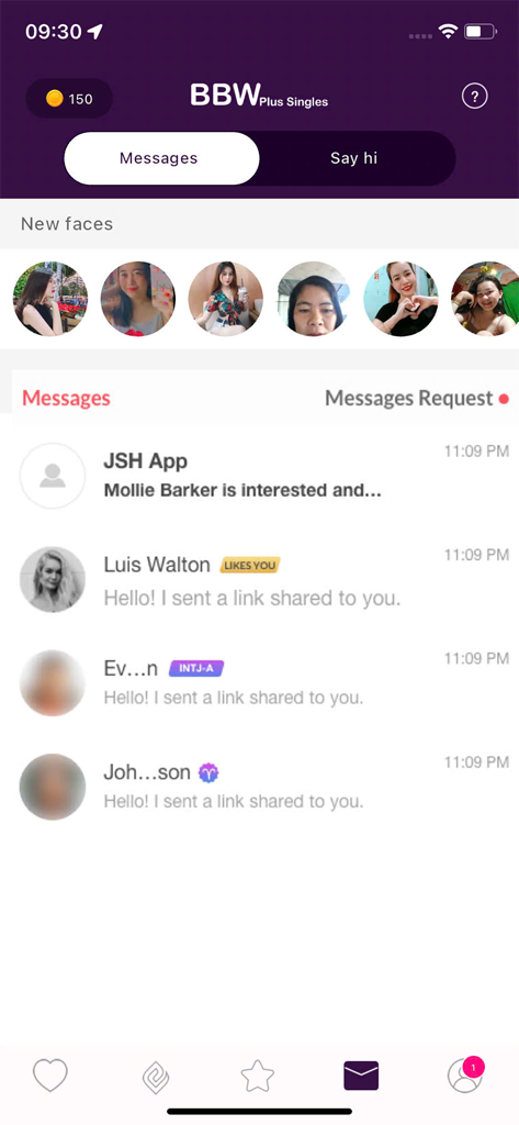 A interface de mensagens do aplicativo de namoro BBW Plus Singles mostrando uma lista de chats recentes e uma linha de novas fotos de perfil.