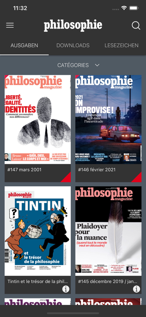 Philosophie magazine - Vista da biblioteca digital da revista Philosophie mostrando capas sobre temas como identidade, improvisação e Tintin.