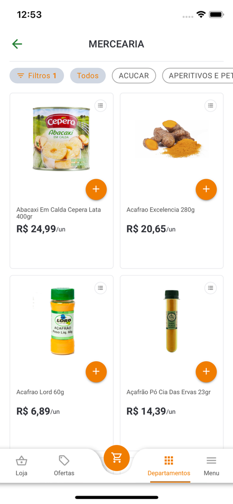 Supermercado Pinheiro app screen showing pantry products like canned pineapple and saffron with prices in Reais