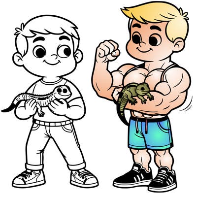 boy with big muscles holding baby lizard