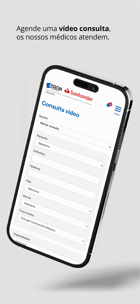 Mobile screen for scheduling a video medical consultation in the MyAegonSantander app.