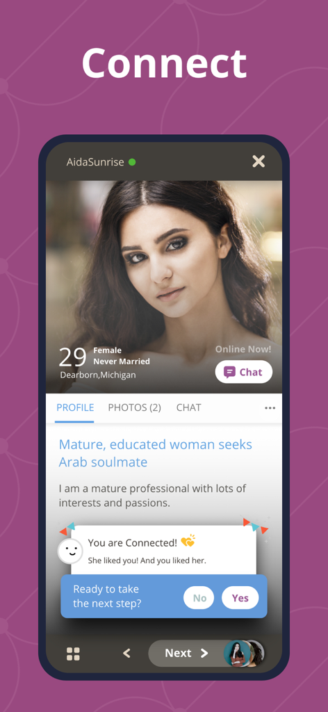ArabLounge - Arab Dating - Interface of ArabLounge dating app showing a user profile and a mutual connection message
