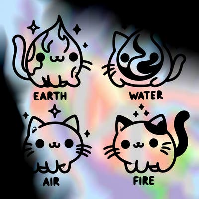 4 cats that represent the different elements, earth, water, air, and fire