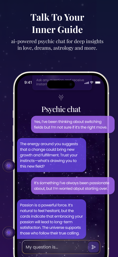 Tarot Card Reading - Tarotoo - Tarotoo mobile app showing an AI psychic chat interface for spiritual insights.