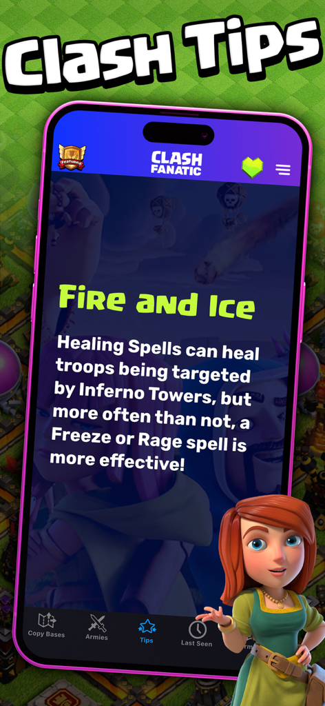 CoC Fanatic for Clash of Clans - Consejos de estrategia y guías de hechizos de Clash of Clans en la interfaz de la aplicación móvil CoC Fanatic