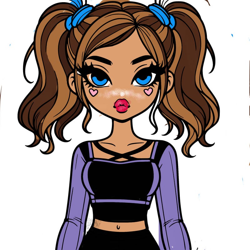 girl in a crop top and leggings. 2 high ponytail in her hair. cat eye with eyeliner makeup