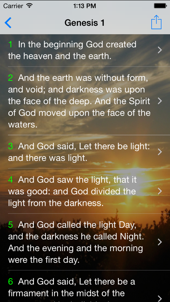 King James Version Bible app interface showing Genesis chapter 1 verses over a sunset background