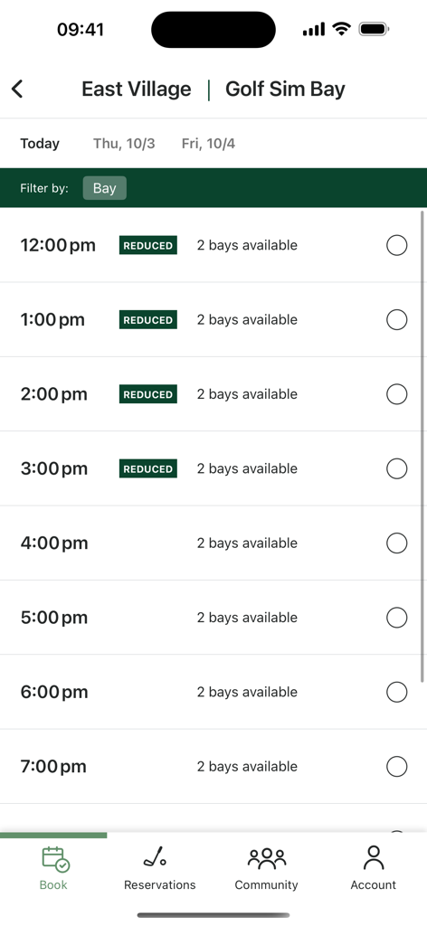 Mobile app interface for booking golf simulator bays at Ready Golf Club showing hourly availability in East Village