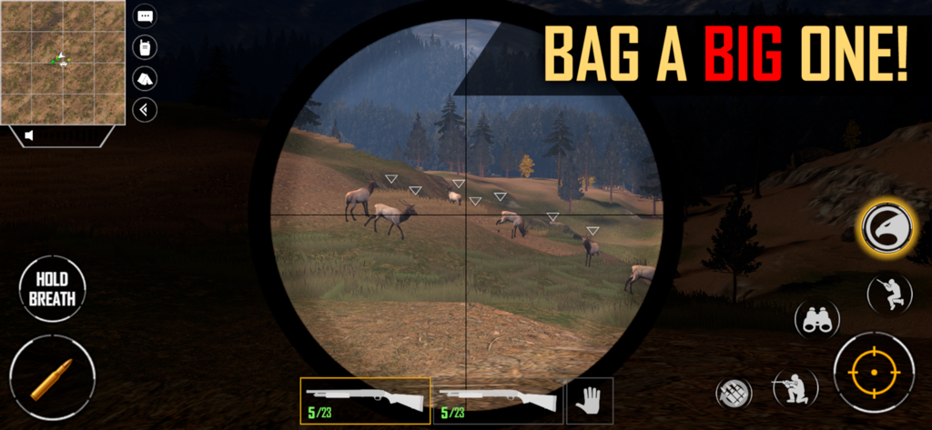 American Marksman - Gameplay view through a rifle scope targeting a herd of elk in an open field