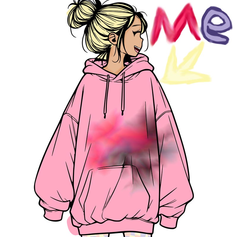 realistic girl with a oversized sweatshirt on and a bun