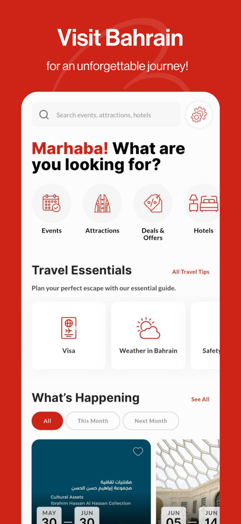 여행 카테고리와 필수 여행 계획 도구를 보여주는 바레인 방문 앱의 홈 화면