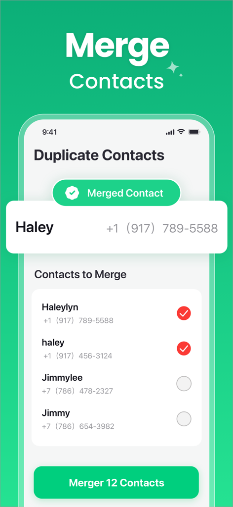 AI Phone Cleaner・Photo Swipe - Interface do aplicativo AI Phone Cleaner mostrando o recurso para mesclar contatos duplicados em um iPhone