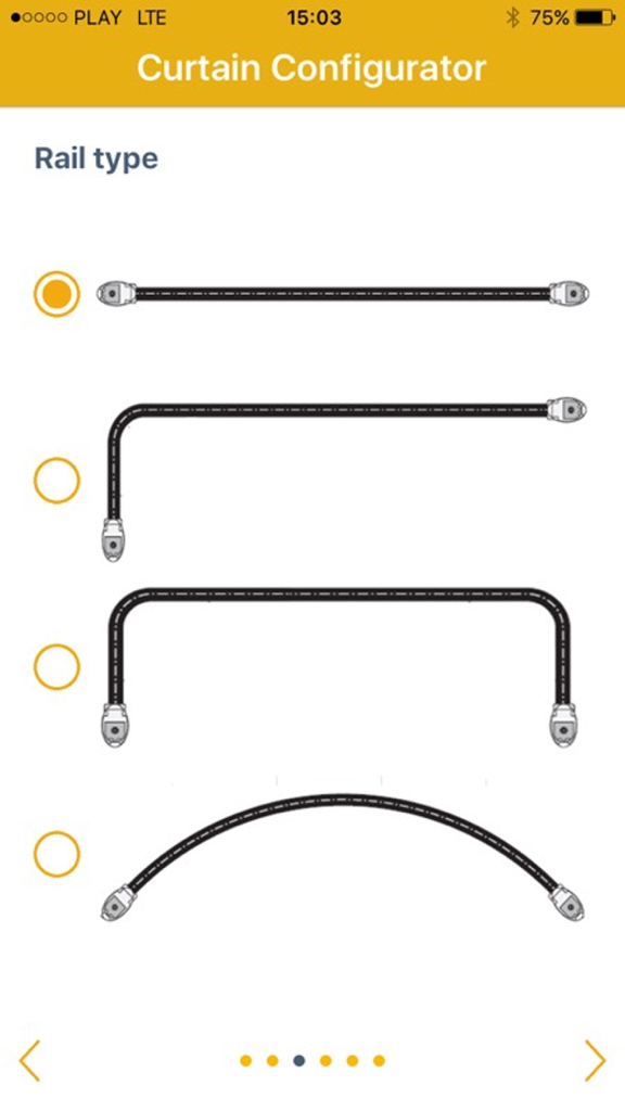 Somfy app interface showing various motorized curtain rail shape options.
