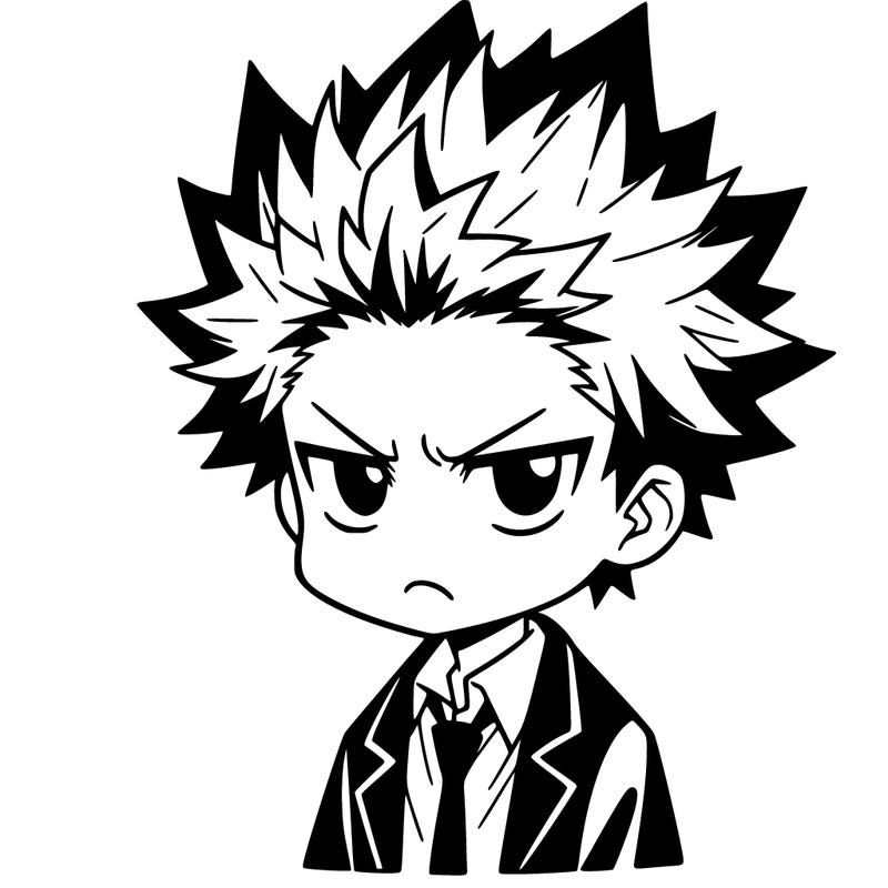 anime boy with spikey hair and grumpy face