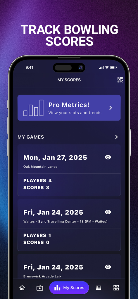 OpenLane. Eat. Bowl. Earn. - OpenLane app interface showing bowling game history and score tracking on a mobile device
