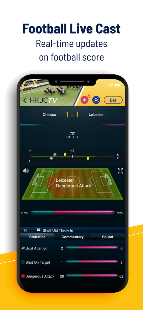 HKJC TV mobile app Football Live Cast screen with real-time score and match statistics