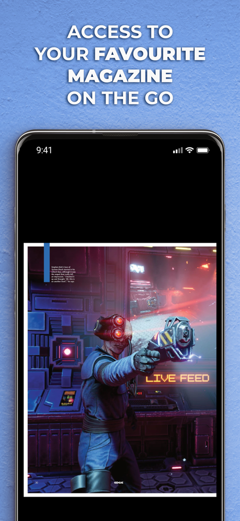 Un smartphone que muestra una página digital de la revista Edge con arte de juego de ciencia ficción