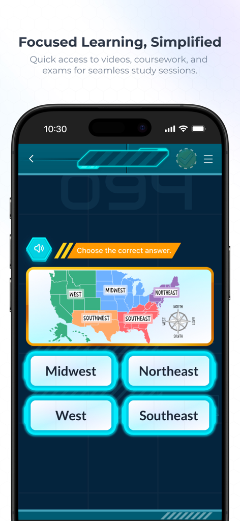 A geography quiz in the Acellus app showing a map of United States regions.