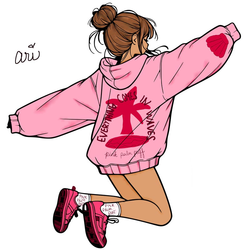realistic girl jumping with a bun and oversized sweatshirt