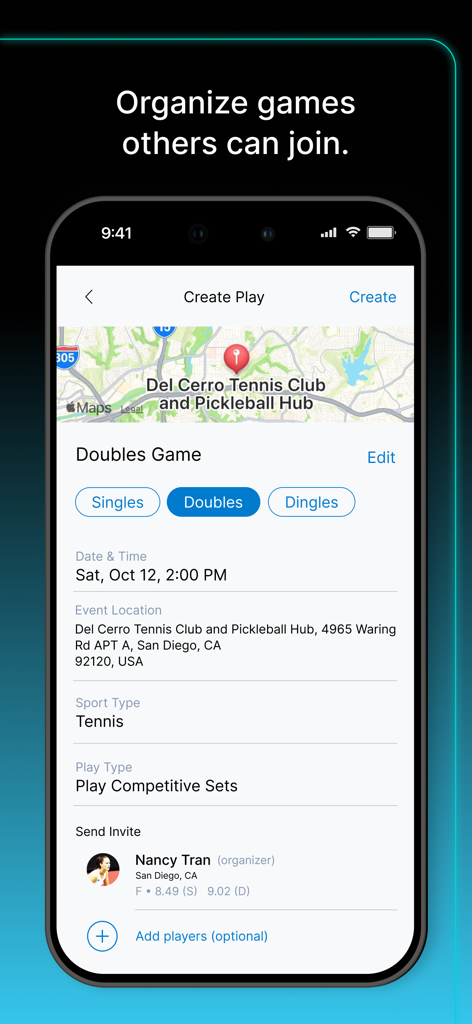Schermata dell'app mobile per organizzare una partita di doppio di tennis in un club sportivo locale, inclusi dettagli su mappa e data