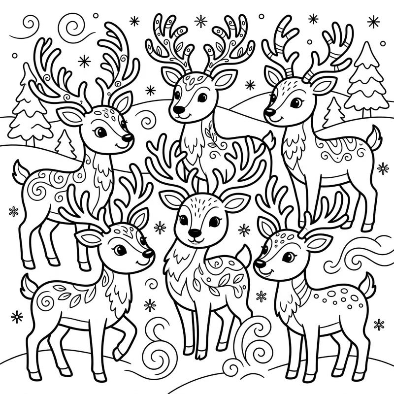 Dive into a whimsical winter wonderland with this enchanting coloring page featuring a joyful herd of reindeer. Perfect for young artists, it offers a delightful opportunity to bring festive scenes to life with a splash of color.