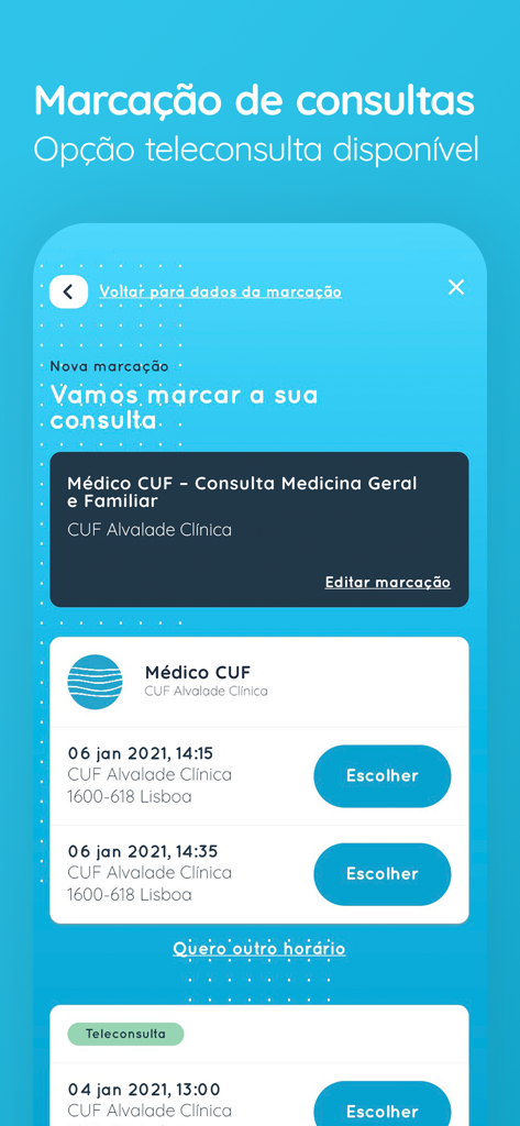 医療予約や遠隔診察の予約のためのMy CUFアプリのモバイルインターフェース。