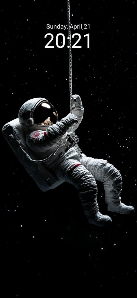 Wallpaper 4K & HD Backgrounds - Un astronauta flotando en el espacio profundo contra un fondo estrellado negro que se muestra como fondo de pantalla de bloqueo de iPhone.