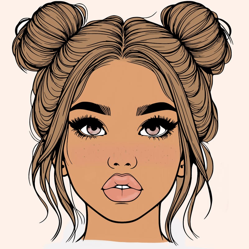 realistic girl with two buns on her hair and lips