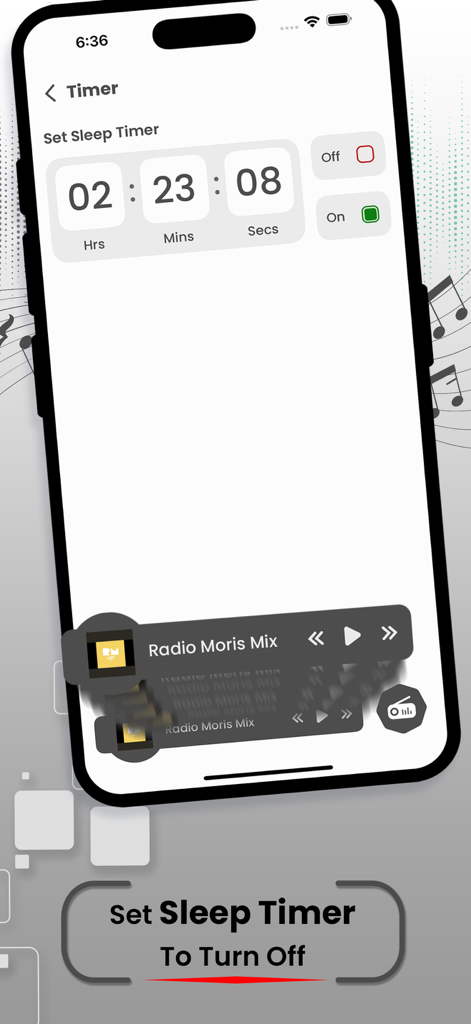 Mauritius FM Motivation - Pantalla del temporizador de apagado de la aplicación Mauritius FM Motivation