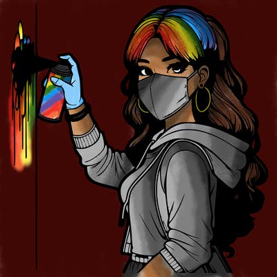 realistic girl with mask spray painting a wall