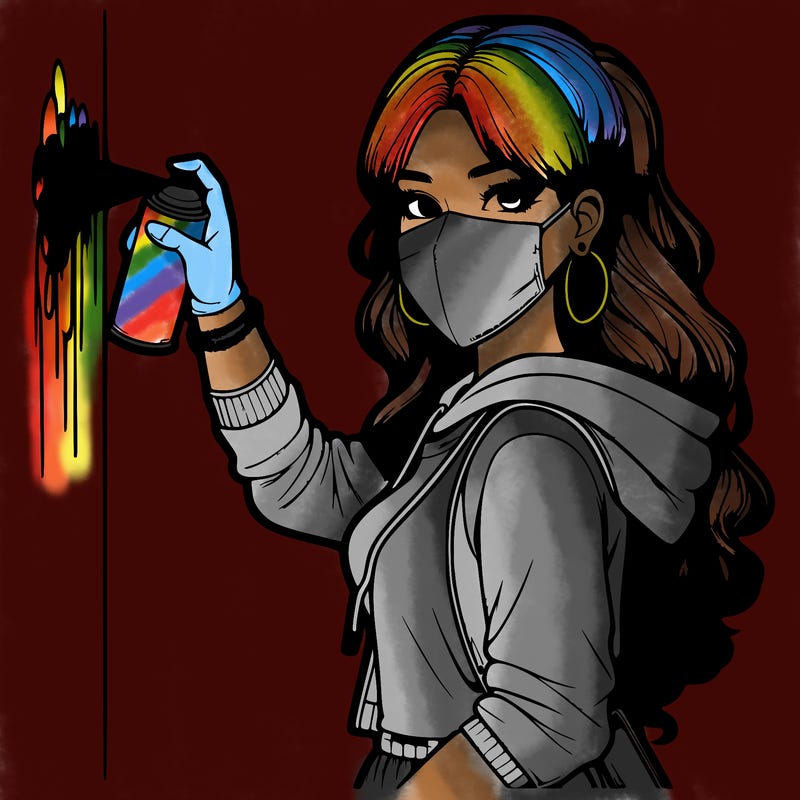 realistic girl with mask spray painting a wall