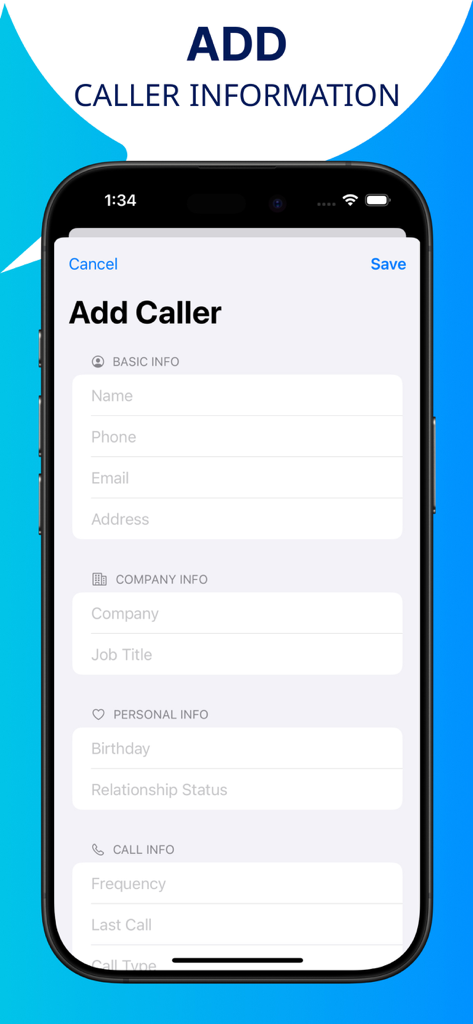 Caller ID Phone + - 기본 정보, 회사 세부 정보, 개인 정보 및 통화 빈도 필드가 표시된 앱의 새 발신자 추가 화면