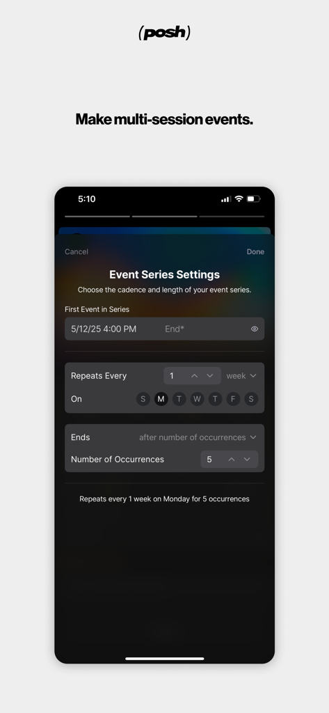 A mobile interface for scheduling recurring and multi-session events in the Posh app.