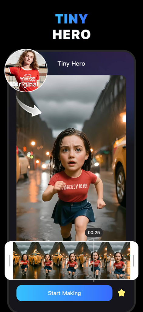 A screenshot of the MotionAI app showing the Tiny Hero filter transforming a selfie into an AI video of a miniature character running through a city street.