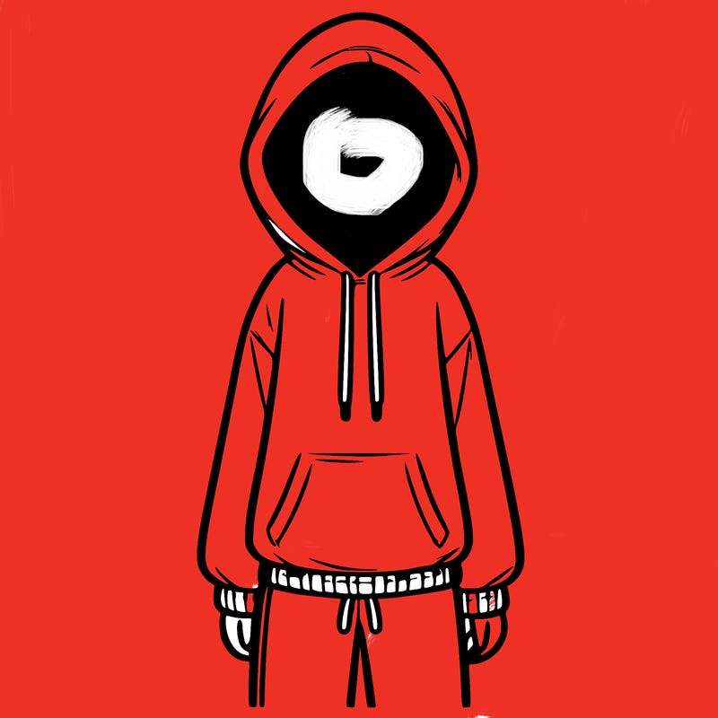 faceless girl in a tracksuit with a hood on and no hair