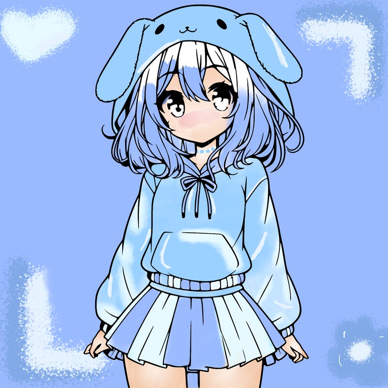 pretty anime girl wearing a fluffy hoodie with bunny ears on the hood and a skirt