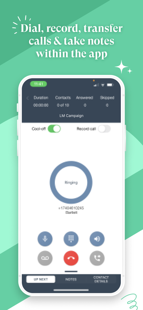 Sales Dialer by JustCall - Pantalla de llamada activa en la aplicación Sales Dialer by JustCall con controles de grabación de llamadas y toma de notas