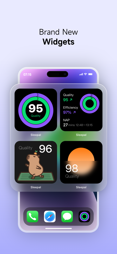 Sleepal: Sleep Tracker & Snore - A variety of Sleepal iOS widgets displaying sleep quality scores and daily nap data on an iPhone screen.