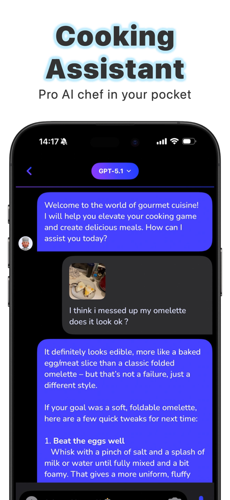 Ask AI Anything - Aido - Aido app interface showing an AI cooking assistant giving feedback on a user's omelette photo
