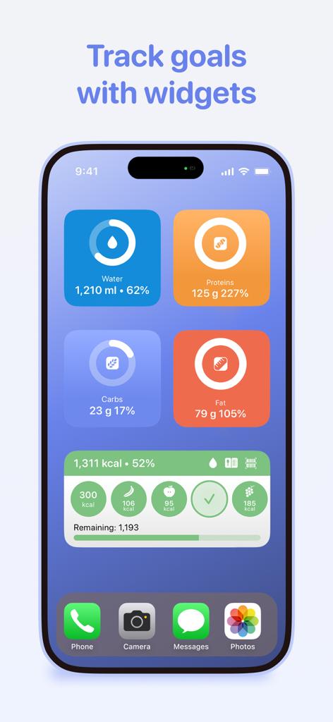 Widgets de Calory AI en la pantalla de inicio de un iPhone que muestran el seguimiento de calorías y macros